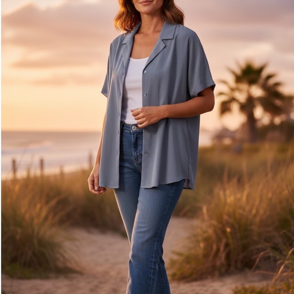 Maurices Oversized Button Down Top L Blue Short Sleeve Notched Lapel Minimalist